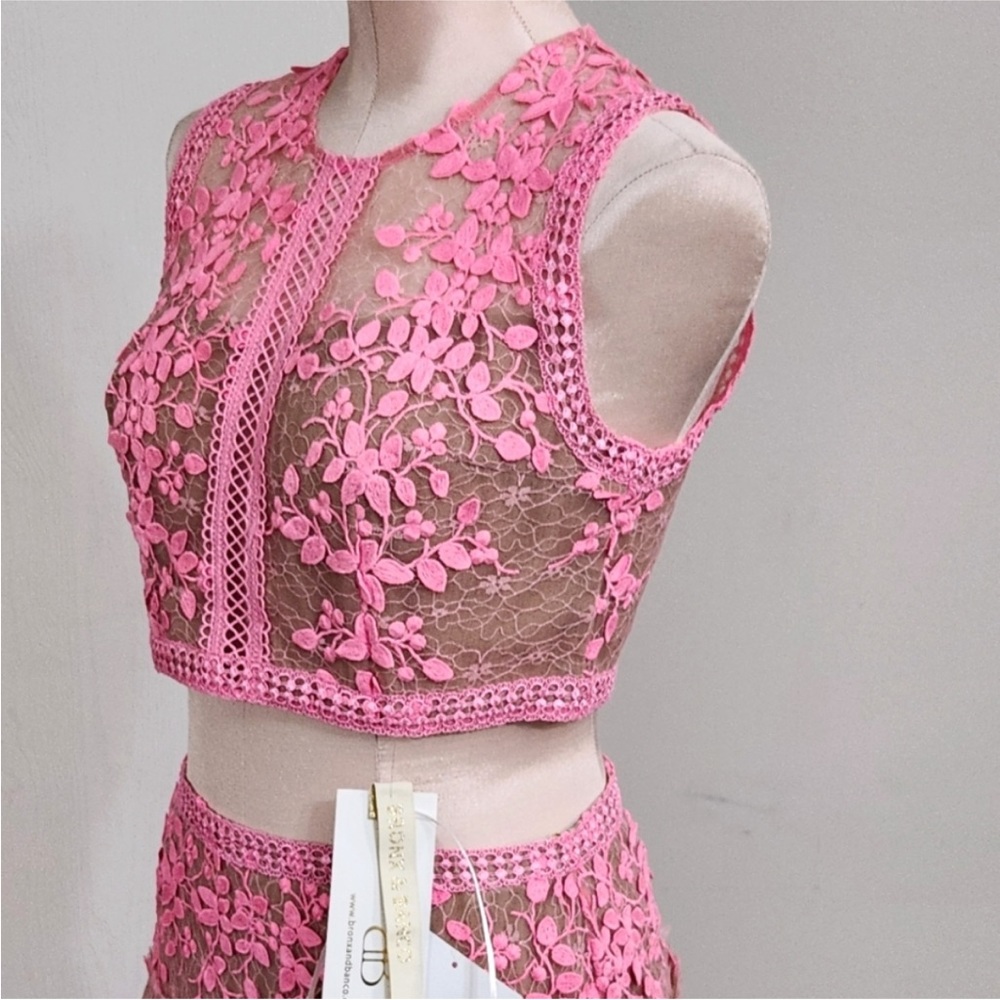 NWOT Bronx and Banco Megan lace floral pink nude two piece set top midi skirt - Picture 7 of 11